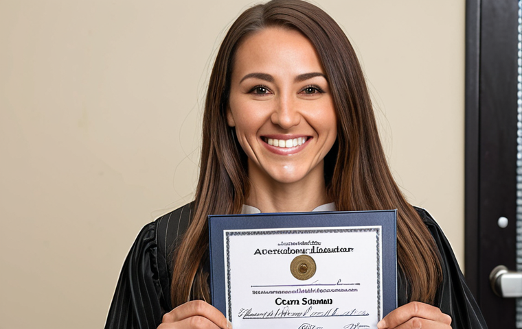 **A professional educator receiving their Professional Educator License, looking happy and accomplished.** (Focus: Achievement, official document)