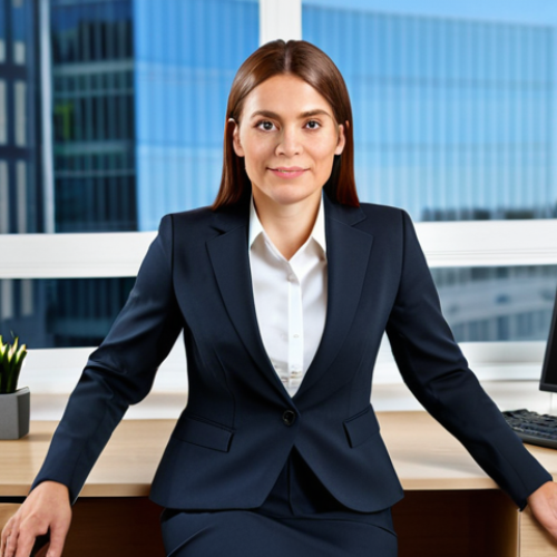 Home 17 ** A professional businesswoman in a modest business suit, sitting at a desk in a modern office, fully clothed, appropriate attire, safe for work, perfect anatomy, natural proportions, professional photography, high quality, family-friendly.
**