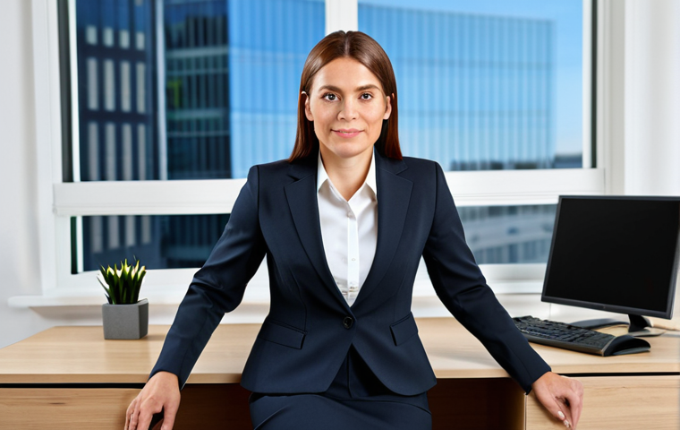 ** A professional businesswoman in a modest business suit, sitting at a desk in a modern office, fully clothed, appropriate attire, safe for work, perfect anatomy, natural proportions, professional photography, high quality, family-friendly.

**
