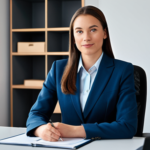Home 10 A professional businesswoman in a modest business suit, sitting at a desk in a modern office, fully clothed, appropriate attire, safe for work, perfect anatomy, natural proportions, professional photography, high quality.
