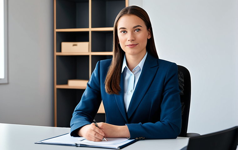 A professional businesswoman in a modest business suit, sitting at a desk in a modern office, fully clothed, appropriate attire, safe for work, perfect anatomy, natural proportions, professional photography, high quality.